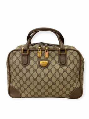 GUCCI Vintage Boston Square Leather Handbag Beige GC Pattern Authentic